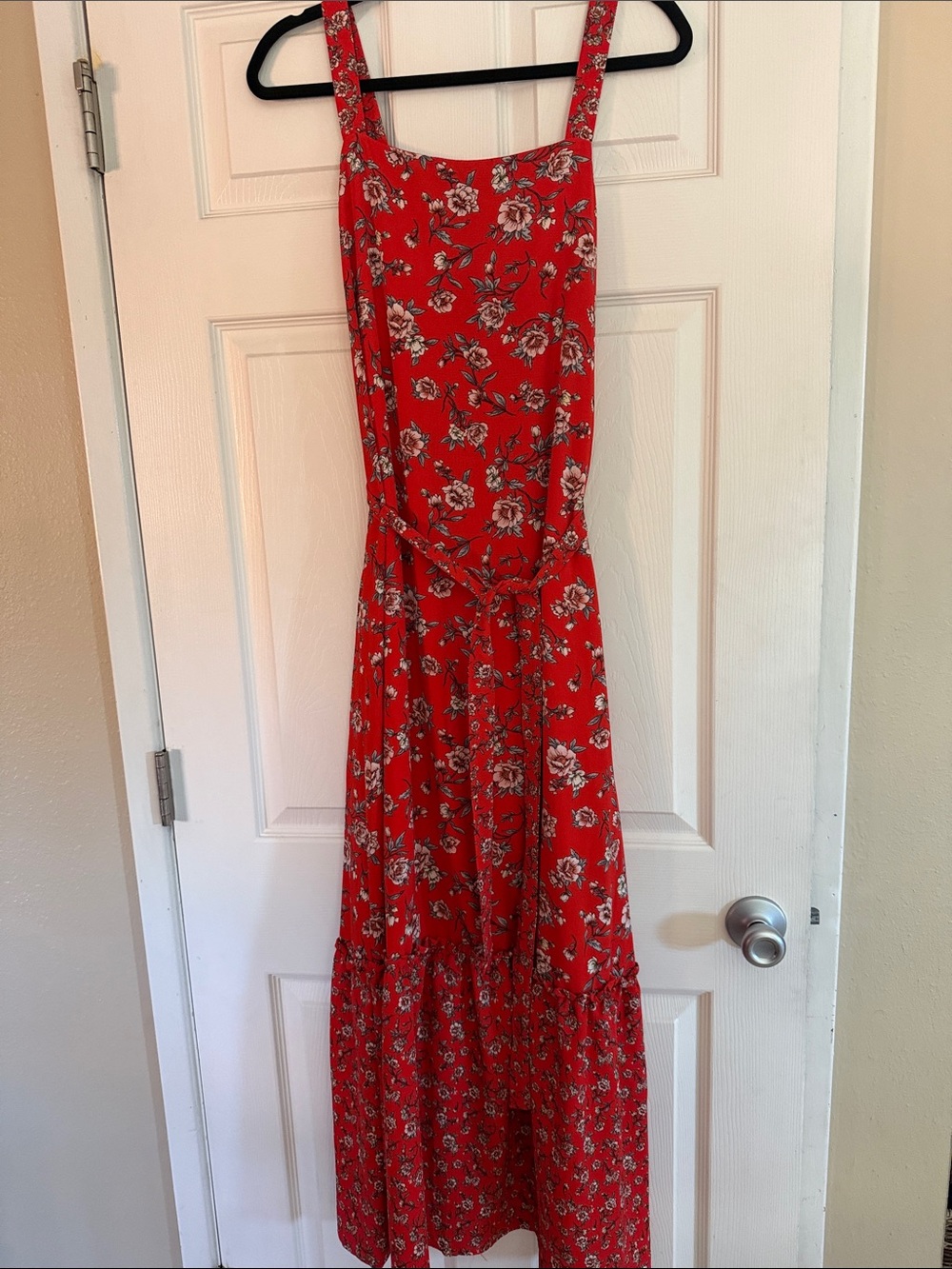 Sleeveless Red Floral Maxi Dress with Waist Tie